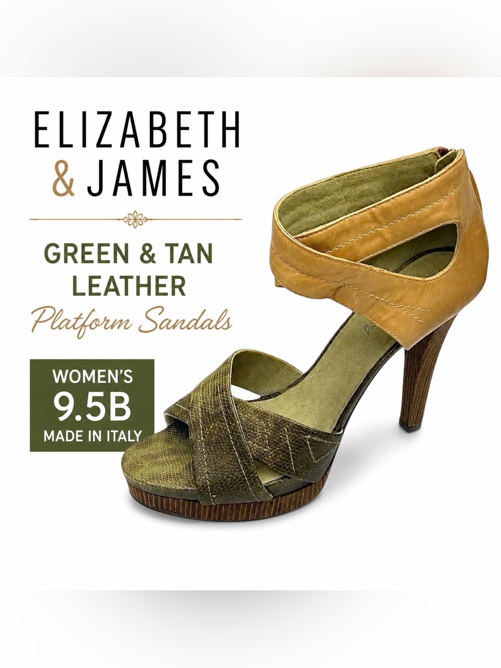 Elizabeth & James Green Tan Leather Platform Sandals Women’s US 9.5B Italy